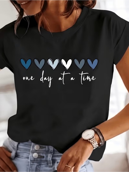 Tops - One Day at a Time Heart Graphic Tee - Black